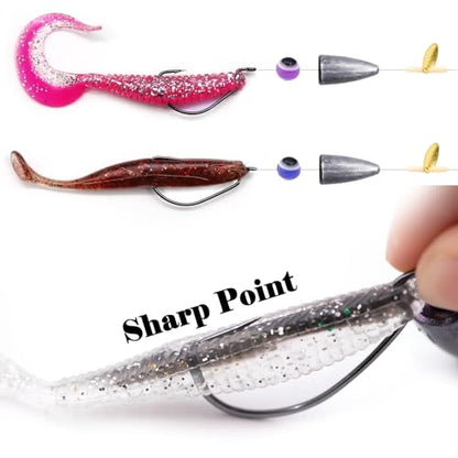 FishTrip Texas Rig Hooks for Bass Fishing, EWG Worm Hooks with Fishing Bullet Weights Sinkers for Freshwater Saltwater 1/8 3/16 1/4 3/8 1/2oz - size: 3/8oz 5Pcs