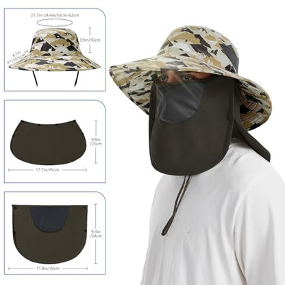 BASSDASH UPF 50+ Breathable Sun Hat with Removable Face Cover and Neck Flap Wide Brim Bucket Hat for Fishing Hiking Men Women - color: Mountain Camo/Dark Green