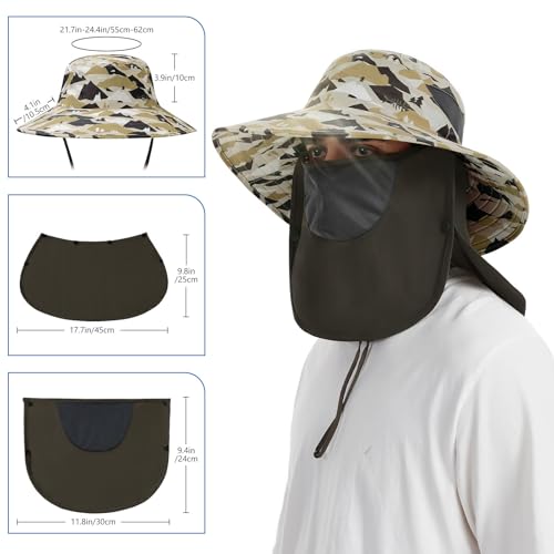 BASSDASH UPF 50+ Breathable Sun Hat with Removable Face Cover and Neck Flap Wide Brim Bucket Hat for Fishing Hiking Men Women - color: Mountain Camo/Dark Green