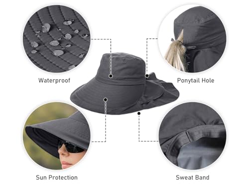 Womens Sun Hat UPF 50+ Wide Brim and Ponytail Hole, Hiking Safari Hat with Neck Flap… - color: Dark Grey+dark Grey