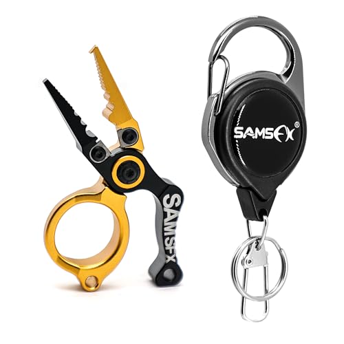 SAMSFX Mini Fishing Pliers with Fly Fishing Zinger Retractor, Fish Hook Remover Tool, Split Ring Pliers for Saltwater & Freshwater, Tungsten Carbide Cutters, Fishing Gear Gift for Anglers - color: Yellow
