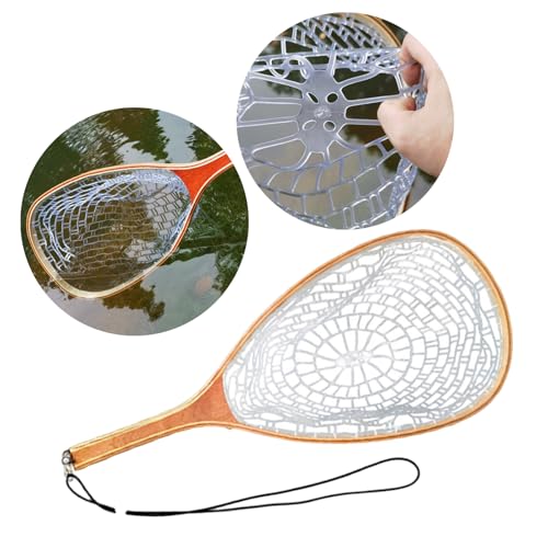 Fish Net Wood Frame Fly Fishing Landing with Soft Rubber Meshes for Catching and Release Easy to Use Light Weight Rubber Fishing