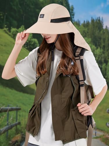 HUAMULAN Men Summer Sun Hat Women Safari Wide Brim Fishing Hats UV Protection Neck Flap Bucket Gardening Hiking Hunting Cap - color: Beige With Black Mesh