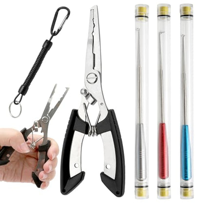 Stainless Steel Fishing Pliers with Braid Line Cutter and Split Ring Tip, Saltwater Resistant Fishing Tool for Men, Black, 7.8-Inch