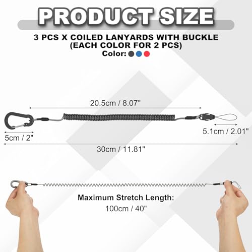 PATIKIL Coiled Lanyards with Buckle Retractable Safety Ring and Quick Release Detachable Buckle for Fishing Equipment - color: Black/Red/Blue, size: 40 Inch