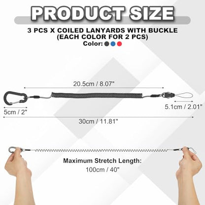 PATIKIL Coiled Lanyards with Buckle Retractable Safety Ring and Quick Release Detachable Buckle for Fishing Equipment - color: Black/Red/Blue, size: 40 Inch