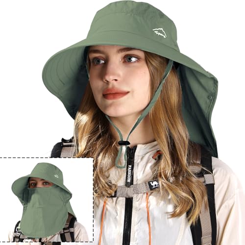 Rosoz Sun Hat for Men Women with Neck Flap,Wide Brim UPF50+ Fishing Hat with Detachable Face Cover Outdoor Sun Protection Hat - color: 1pack-army Green