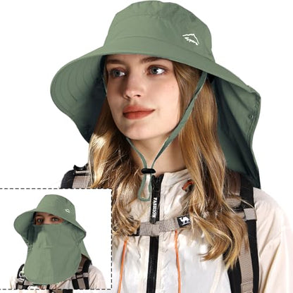Rosoz Sun Hat for Men Women with Neck Flap,Wide Brim UPF50+ Fishing Hat with Detachable Face Cover Outdoor Sun Protection Hat - color: 1pack-green/Arm Sleeves