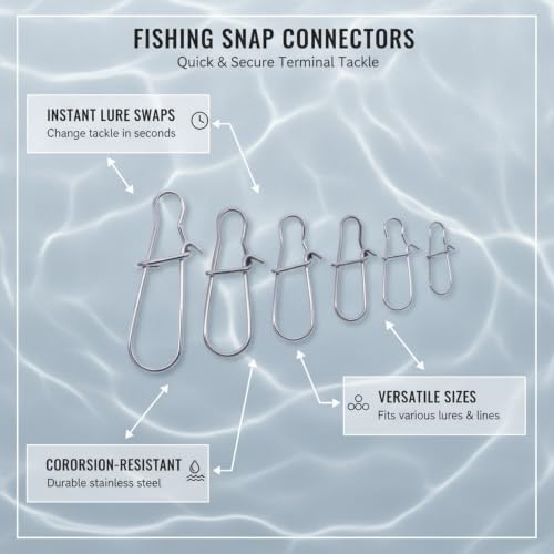 100-Pack Fishing Snap Connectors, Stainless Steel Lure Snaps for Quick Tackle Swapping, Assorted Sizes Saltwater and Freshwater Terminal Tackle Accessories - size: 3.94 x 3.15 x 0.98"