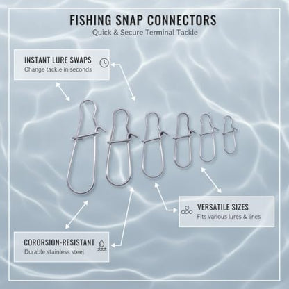 100-Pack Fishing Snap Connectors, Stainless Steel Lure Snaps for Quick Tackle Swapping, Assorted Sizes Saltwater and Freshwater Terminal Tackle Accessories - size: 3.94 x 3.15 x 0.98"