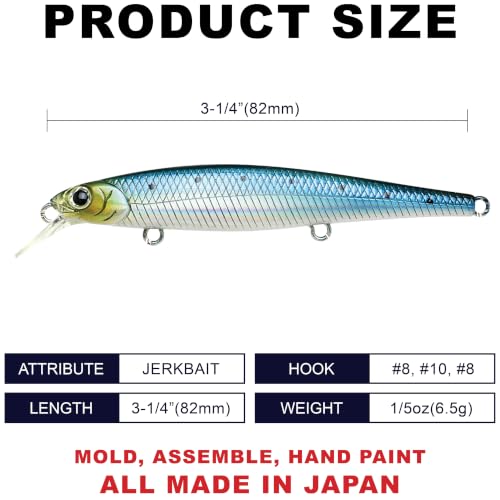 LUCKY CRAFT SW Slender Pointer 82MR S Saltwater Fishing Lures, Jerkbait Fishing Bait, 3.2", Bass Lures for Snook Redfish Trout, Fishing Gear and Accessories with Treble Hooks - color: 714 Metallic Sardine