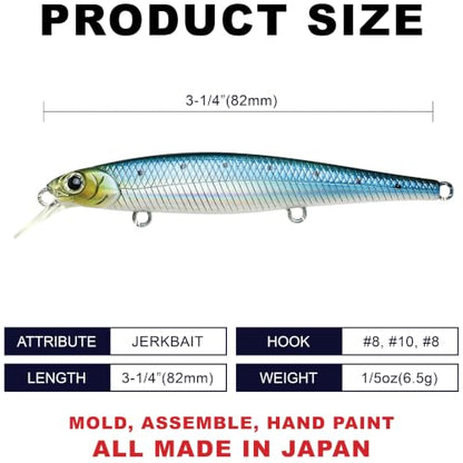 LUCKY CRAFT SW Slender Pointer 82MR S Saltwater Fishing Lures, Jerkbait Fishing Bait, 3.2", Bass Lures for Snook Redfish Trout, Fishing Gear and Accessories with Treble Hooks - color: 714 Metallic Sardine