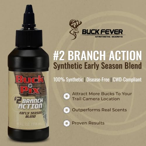 Buck Fever Buck Pix 2,3,4-Piece kit - Synthetic Deer Scent (4 oz Branch Action & 4 oz Dirt Fusion) for Whitetail & Mule - Non-Spoiling Deer Attractant for Outdoor Trail Camera - size: 4 oz (Branch Action)