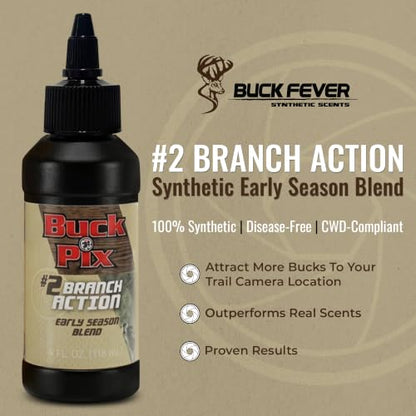 Buck Fever Buck Pix 2,3,4-Piece kit - Synthetic Deer Scent (4 oz Branch Action & 4 oz Dirt Fusion) for Whitetail & Mule - Non-Spoiling Deer Attractant for Outdoor Trail Camera - size: 4 oz (Branch Action)