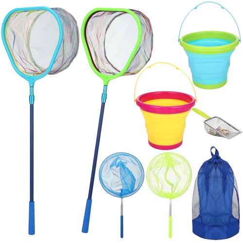 2 Pack Telescopic Kids Fishing Net with Handle, 2 Collapsible Bucket Sand Pail, Stainless Steel Foldable Fishing Net Small Fishing Butterfly Bug Net Beach Shovel with Storage Bag - color: Blue Yellow Green