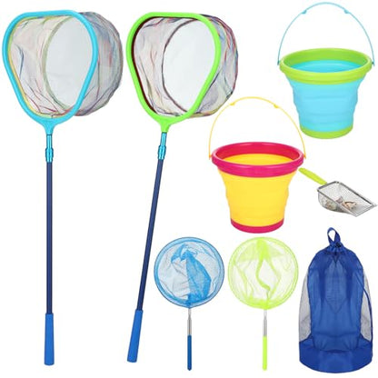2 Pack Telescopic Kids Fishing Net with Handle, 2 Collapsible Bucket Sand Pail, Stainless Steel Foldable Fishing Net Small Fishing Butterfly Bug Net Beach Shovel with Storage Bag - color: Blue Yellow Green