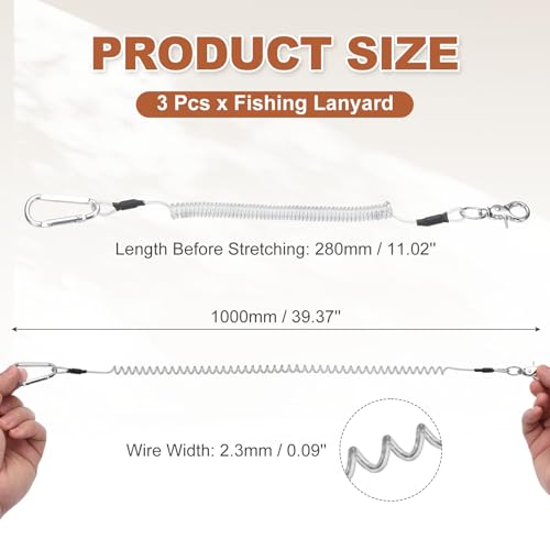 PATIKIL Fishing Lanyard, (39.37" Length, Silver) (3Pcs), Retractable Coiled Tether Anti-Lost Rope Coiled with Carabiners and 360° Rotatable Hook, Suit for - Fishing/Hunting/Hiking/Boating - color: Silver, size: 39.37"