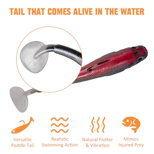 Paddle Tail Swimbait Fishing Lures for Bass Fishing | 5/6/15 Pcs Soft Plastic Lures With Paddle Tail, Pre-Rigged Jig Hook Options for Walleye, Pike & Trout Fishing - color: 6Pcs Pre-Rigged Paddle Tails