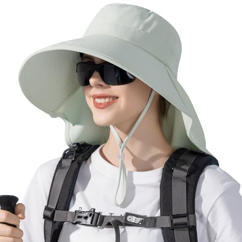 HUAMULAN Men Summer Sun Hat Women Safari Wide Brim Fishing Hats UV Protection Neck Flap Bucket Gardening Hiking Hunting Cap - color: Bg8112-lightgreen
