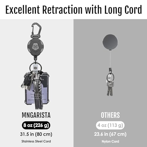 MNGARISTA Retractable Keychain, Heavy Duty Carabiner Badge Holder, Tactical ID Badge Reel with 31.5” Steel Retractable Cord, 8.0 oz - style: 1-Pack