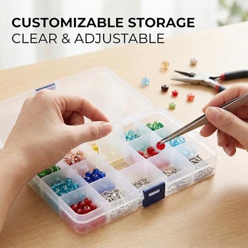 Fishing Tackle Box 15 Compartments Plastic Storage Tray With Removable Dividers, Blue Latch 17x10cm Clear Plastic Organizer Box For Storing Fishing Lures Hooks Jewelry Beads Small Hardware