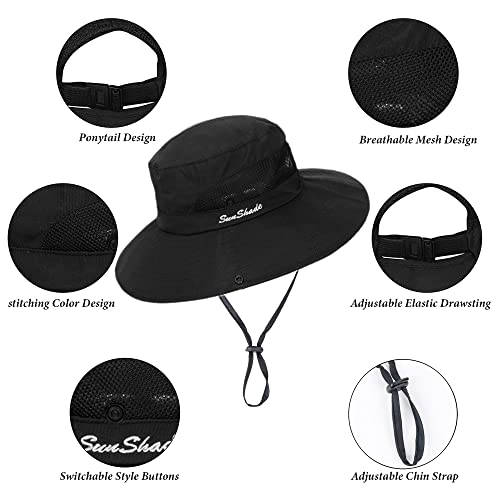 Sun Hat for Women Summer UV Protection Beach Hat Wide Brim Mesh Bucket Fishing Hat with Ponytail Hole Foldable Packable Hat - color: Black(with Ponytail Hole)