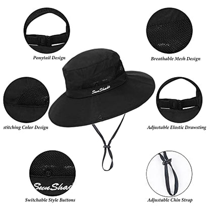 Sun Hat for Women Summer UV Protection Beach Hat Wide Brim Mesh Bucket Fishing Hat with Ponytail Hole Foldable Packable Hat - color: Black(with Ponytail Hole)