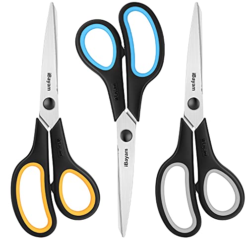 iBayam 8.5" Heavy Duty Black Scissors for Office School Classroom Home Use | Precision 2.5mm Thickness Ultra Sharp Blade| Comfort Grip Right/Left Handles| Multipurpose | Cutting Paper Fabric Packaging - color: Yellow, Grey, Blue, size: 3-Pack