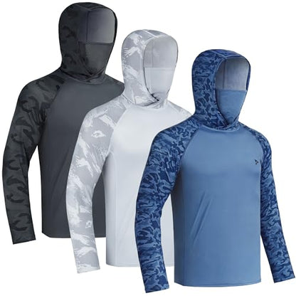 Rodeel UPF 50+ Men’s Long Sleeve Performance Fishing Hiking Shirt with Mask UV Neck Gaiter Hoodie - color: A2.3pack:black,gray,blue, size: Small