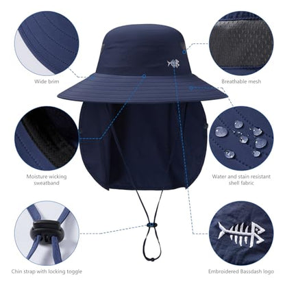 BASSDASH UPF 50+ Breathable Sun Hat with Removable Face Cover and Neck Flap Wide Brim Bucket Hat for Fishing Hiking Men Women - color: Dark Blue