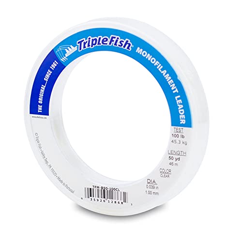 Triple Fish Monofilament Fishing Leader - Clear, Camo Strong Tough Leader Material for Big Game Fishing, Up to 400lb Test - color: Clear, style: 100 Lb Test, 1.00 Mm Dia, 50 Yd