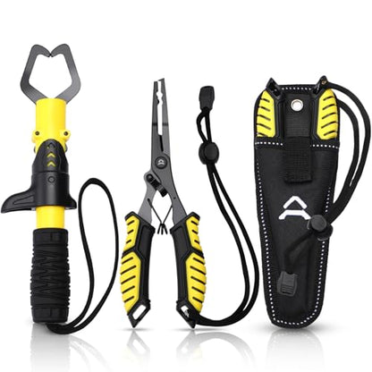 RoundFunny Fish Lip Gripper Pliers, Combo Fishing Tool Kit Stainless Steel Multifunction Hook Remover, Split Ring Pliers with Lanyards Sheath for Fly, Easter Fishing Basket Gift Gear Men Women - color: Yellow