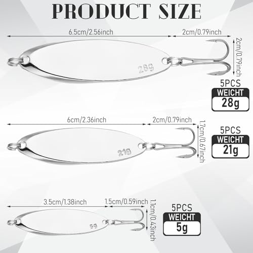 Shappy 15 Pcs Fishing Spoons Lures Treble Hooks Fishing Spoons 3 Sizes Hard Metal Casting Spoon Lures for Bass Trout Salmon Freshwater Saltwater in 1/5 3/4 1 oz - color: Silver