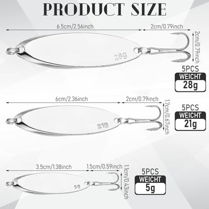Shappy 15 Pcs Fishing Spoons Lures Treble Hooks Fishing Spoons 3 Sizes Hard Metal Casting Spoon Lures for Bass Trout Salmon Freshwater Saltwater in 1/5 3/4 1 oz - color: Silver