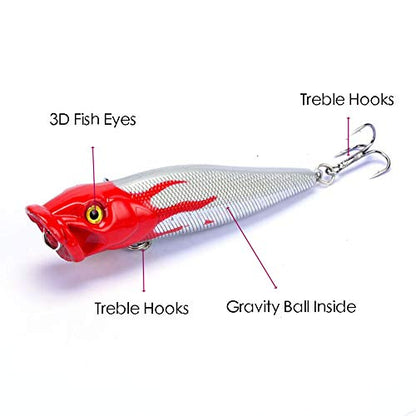 5pcs Fishing Bass Lures Popper Lure Shallow Swimbait Crankbait with Treble Hook 3D Fishing Eyes for Bass Trout Freshwater and Saltwater