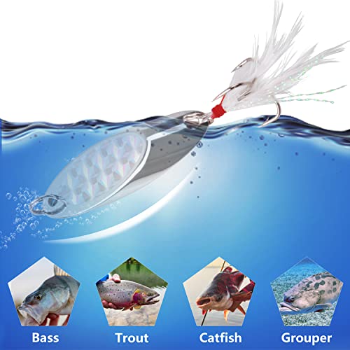 Fishing Lures Casting Spoon Lure, 5pcs Hard Metal Spoon Fishing Lures for Trout Bass Crappie Pike Walleye Saltwater Freshwater Fishing Gear 3/16oz-2oz - color: Silver-feather, size: 3/16oz(5g)