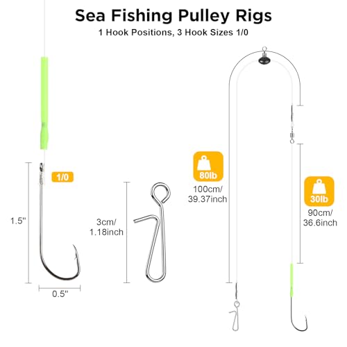 DONQL 5pcs Sea Fishing Rigs, Pre Tie Flapper Pulley Rigs Single Hooks, Deep Drop Snapper Rig for Beach Casting Shore Fishing Flounder Halibut Whiting Striped, 3 Size Available1/0, 2/0, 3/0