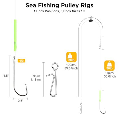 DONQL 5pcs Sea Fishing Rigs, Pre Tie Flapper Pulley Rigs Single Hooks, Deep Drop Snapper Rig for Beach Casting Shore Fishing Flounder Halibut Whiting Striped, 3 Size Available1/0, 2/0, 3/0