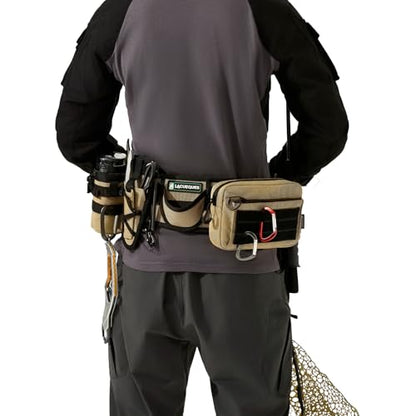 Wading Fishing Belt with Rod Holder and Tackle Pouch, Tan | Hands Free for Lure, Lumbar Support, Waists 32 to 61 Inches, Modular Detachable, Pliers Holster, Water Bottle Holder - color: Tan