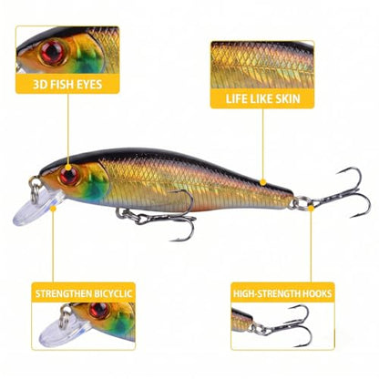 1pc Japan Hot Model Sinking Minnow Fishing Lures 3.35inch 9.2G Jerkbait with 3D Eyes & Sharp Treble Hooks, Lifelike Skin Artificial Bait for Saltwater & Freshwater