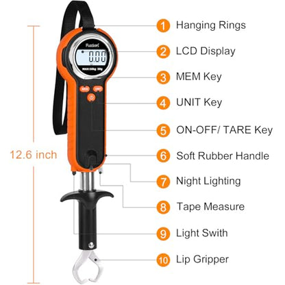 Fuzion Fish Scale, Professional Fishing Scale - 110lb Capacity, Waterproof, Night Light, Memory & Tape Measure | Portable Fish Weigh Kit w/Lip Gripper, Batteries & Pouch