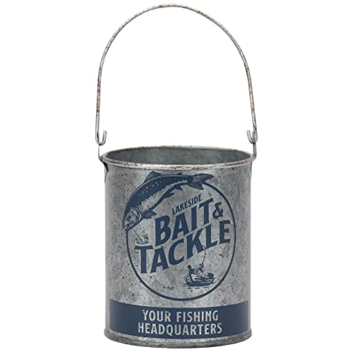 Lakeside Bait and Tackle Metal Bucket - Decorative Fishing Pail for Pencils, TV Remotes or Tools