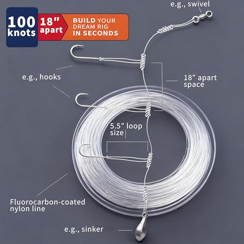 MOISO 10-60lb 100knots Pre-Tied Dropper Loop Rigs, 18" Spaced 5.5" Loops, Versatile for All Water Column, Saltwater & Freshwater Fishing Tackle for Bass, Snapper, Striper, Cod, Grouper, Lake Trout - size: 20 LB