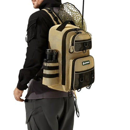 22L Wading Fishing Tackle Sling Bag, Holds 3x 3700 Boxes, Tan | Hands Free Lure Casting, Large Crossbody Shoulder Backpack with Rod Holder, Water Bottle Holder, 12 Heavy Duty D Rings - color: Tan
