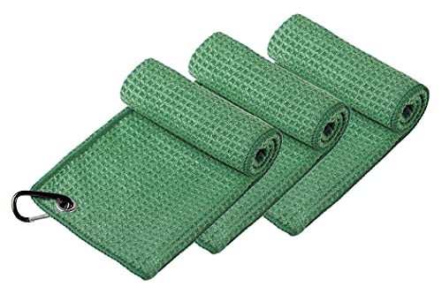 Handy Picks Microfiber Golf Towel (16" X 16") with Carabiner Clip, Waffle Pattern Golf Towel Hook and Loop Fastener - The Convenient Golf Cleaning Towel - color: Dark Green