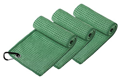 Handy Picks Microfiber Golf Towel (16" X 16") with Carabiner Clip, Waffle Pattern Golf Towel Hook and Loop Fastener - The Convenient Golf Cleaning Towel - color: Dark Green