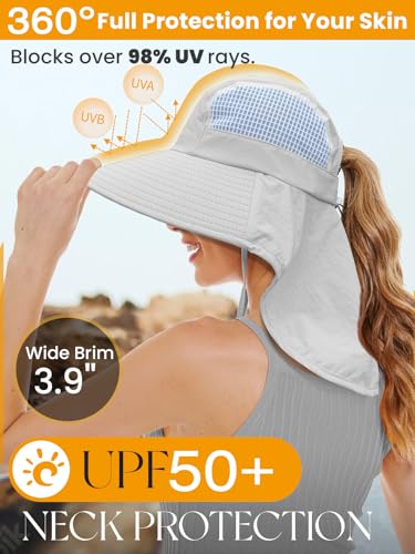Sun Hats for Women UV Protection with Neck Flap Wide Brim Beach Hats with Ponytail Hole for Hiking Fishing Gardening Travel - color: Light Grey