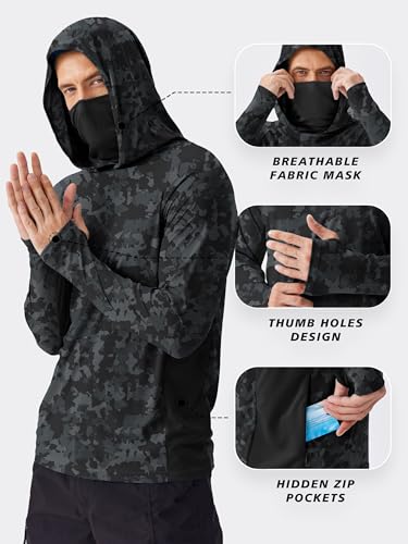 PINSPARK Men's Sun Protection Hoodie with Mask UPF 50+ UV Long Sleeve Shirt Men Rash Guard Performance Fishing Hiking Shirt - color: Black Camouflage, size: Large