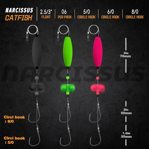 Narcissus Catfish Rigs Set – 6 Pre-Tied Rigs with 2 Sinker Sliders, Float Rigs Tackle, Santee Rig, Circle Hooks 6/0 – Complete & Ready-to-Use Kit - color: Hook Size 5/0&8/0-Weight 3 oz New