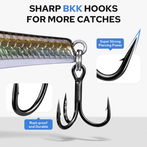 TRUSCEND Suspending Jerkbait, Rattle Minnow Lures with BKK Hooks, Freshwater Bass Trout Striper Walleye Pike Fishing Lures, Variety Pack for All Water Conditions, Premium Fishing Gear and Gifts - color: A2-4.3",0.6oz